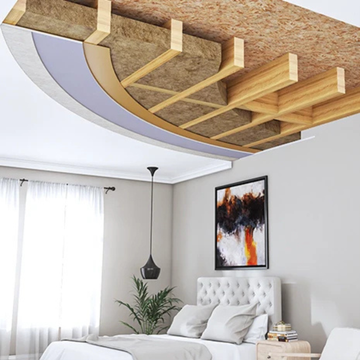 Modern bedroom with a wooden ceiling design, bed, and decor elements.