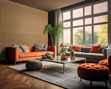 Modern living room with orange and gray sofas, a glass coffee table, and decorative items.