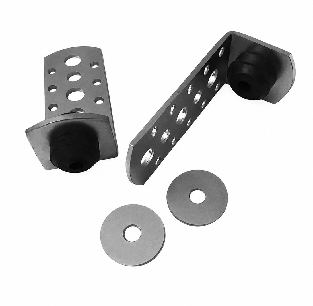 Metal corner brackets with washers on a white background