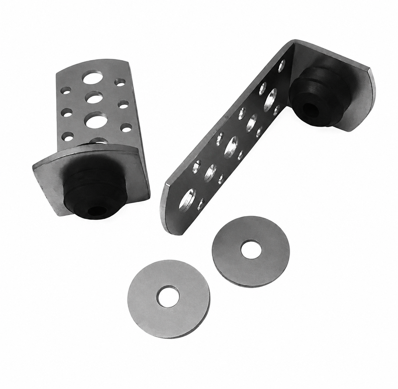 Metal corner brackets with washers on a white background