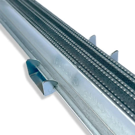 Metal track with blue clips on a white background