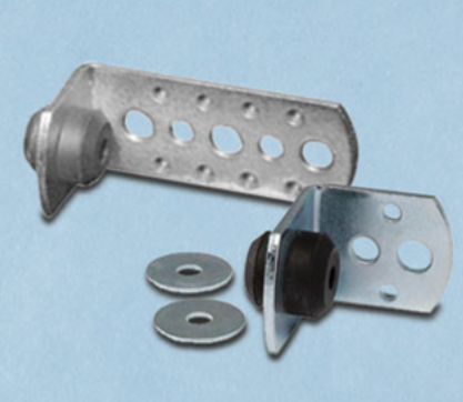 Metal bracket with rubber bushing and washers on a light blue background