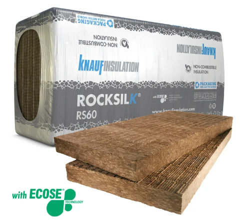 Knauf Insulation ROCKSILK RS60 with ECOSE technology packaging and insulation material on a white background