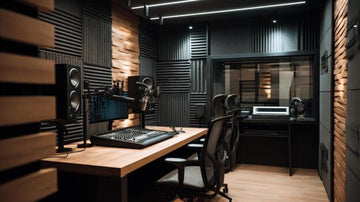 Professional audio recording studio with soundproofing panels and equipment.